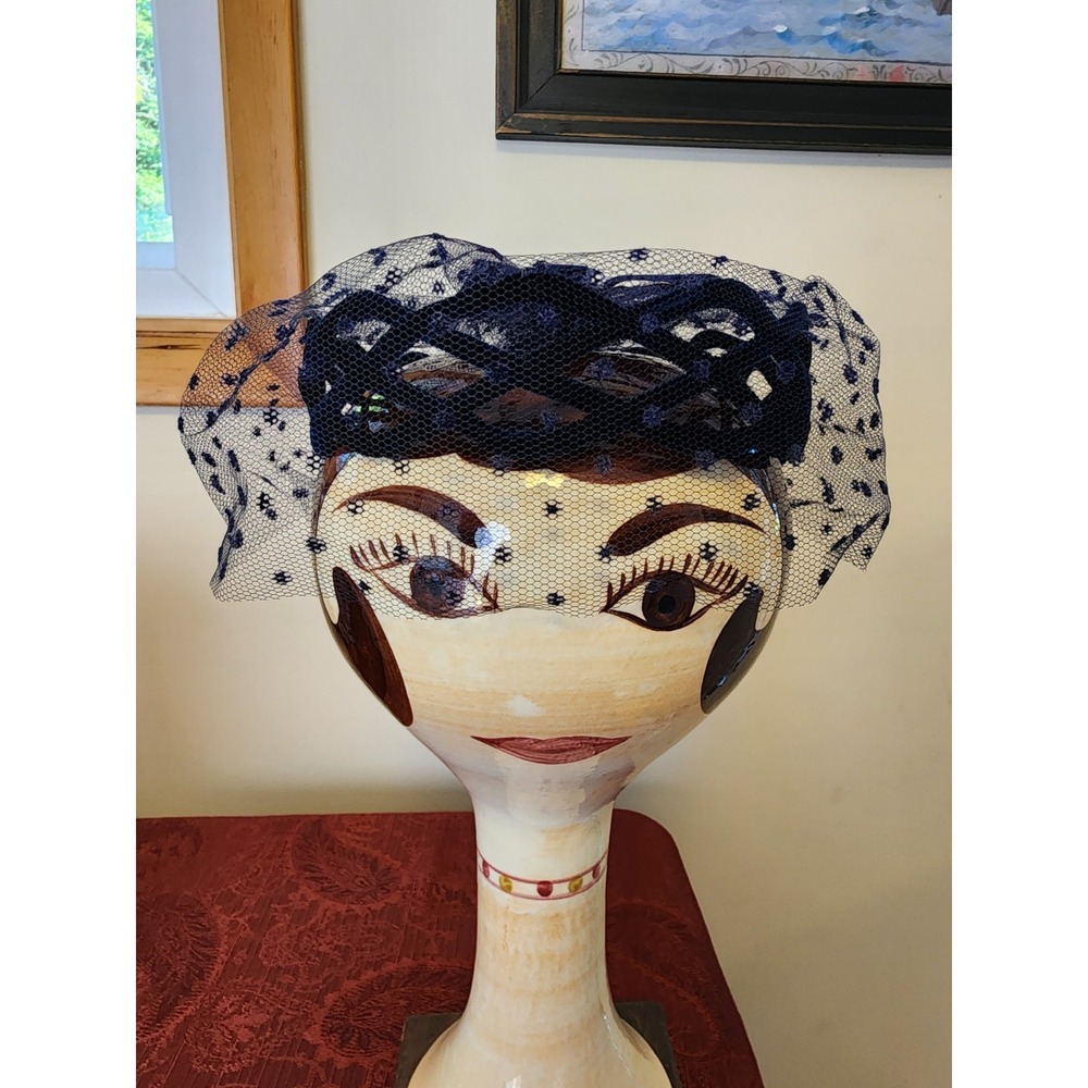 Vintage Midnight Blue Velvet Fascinator Riding Hat Whimsical Romantic Netting